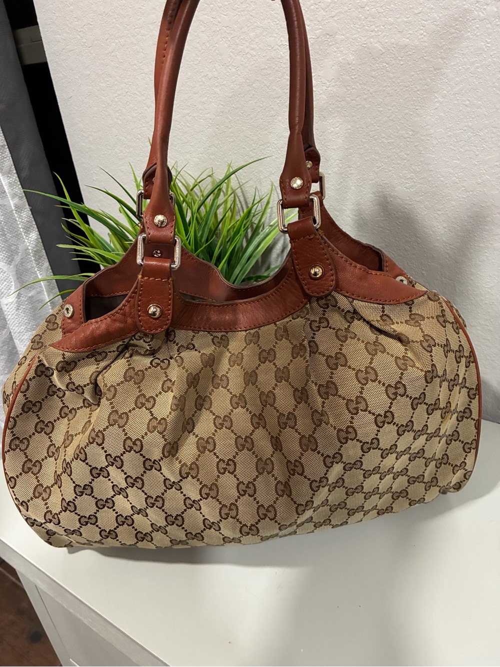 Gucci Tan GG Canvas Shoulder Bag with Brown Leather Trim